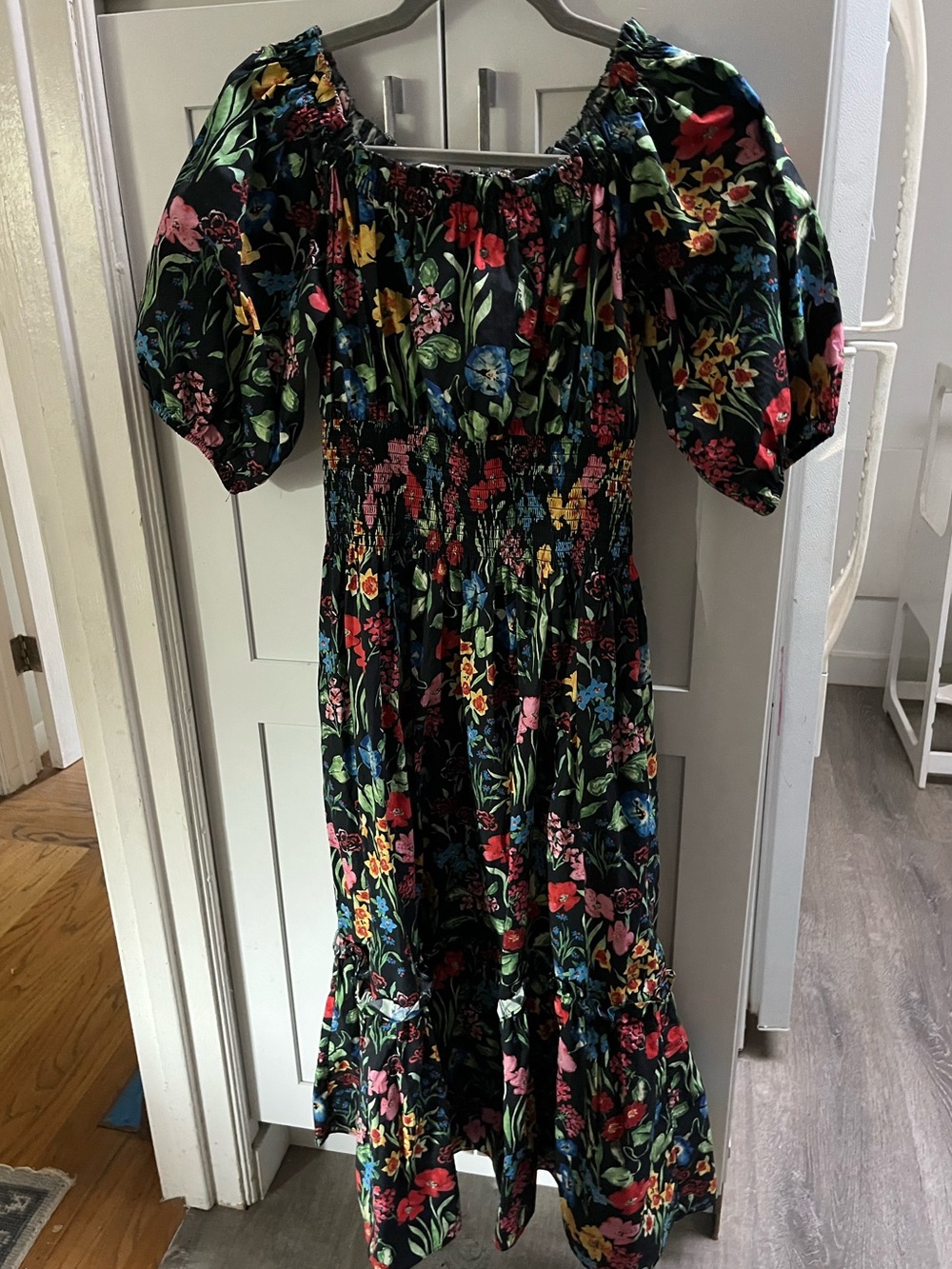 Cara Cara fall cocktail Puff Sleeve Midi Dress Black Floral S gown